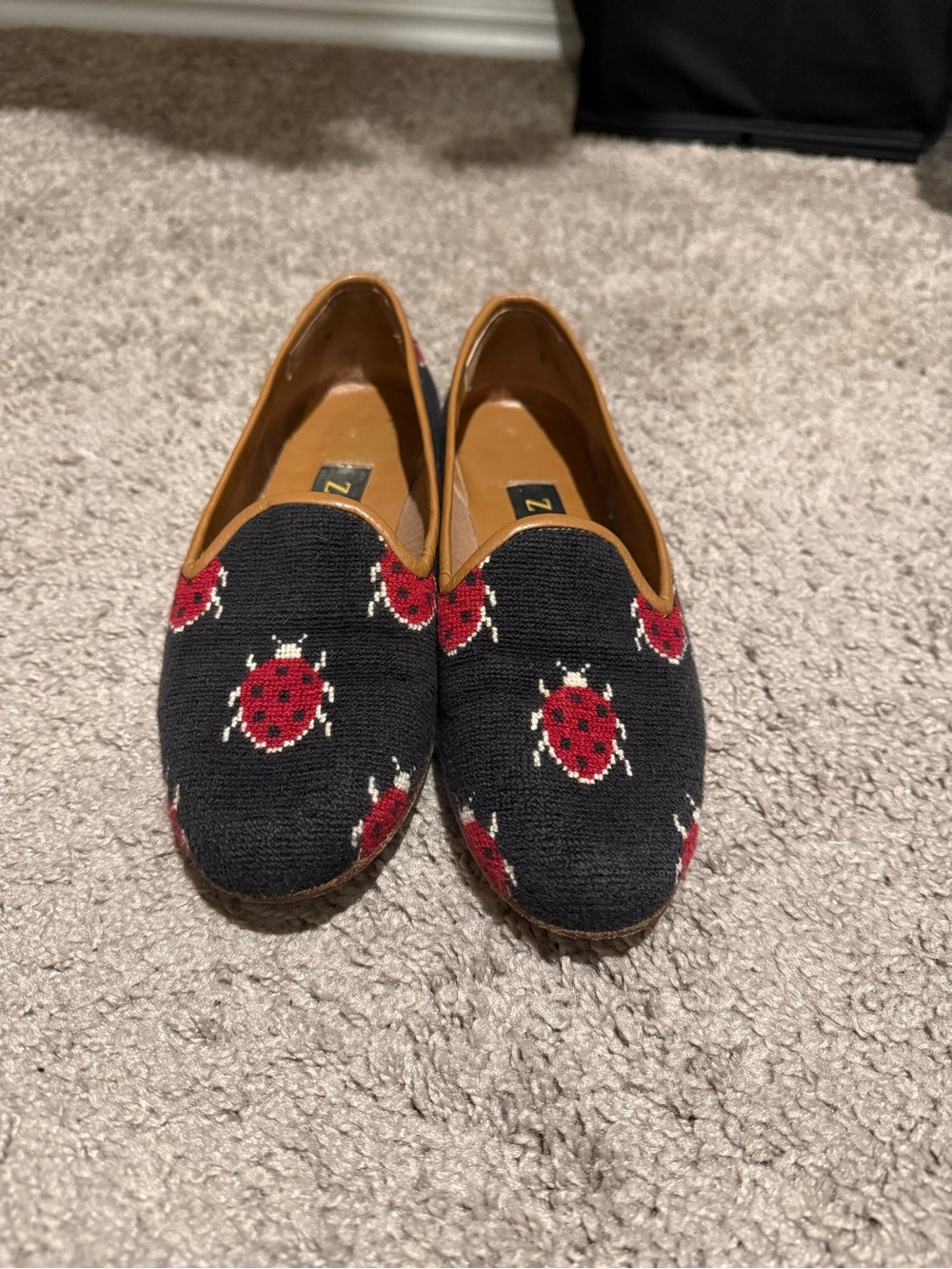 Zalo Black Knit Slip-On Loafers with Red Ladybug Motif